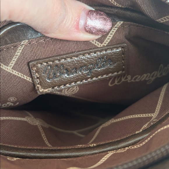 Wrangler | Denim & Brown Fringe Leather Crossbody In Coffee - Picture 12 of 16